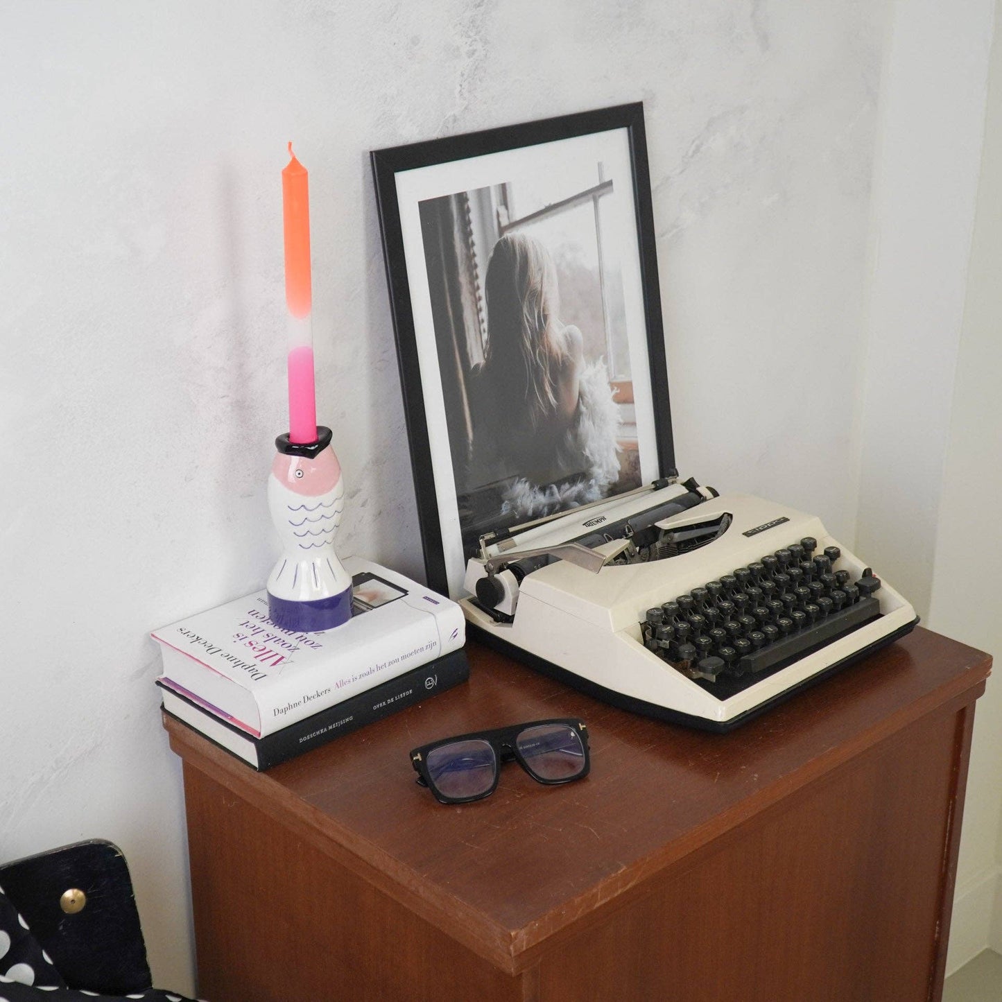 Bougeoir - Poisson - Bleu/Blanc/Rose - 7x7x16,5cm