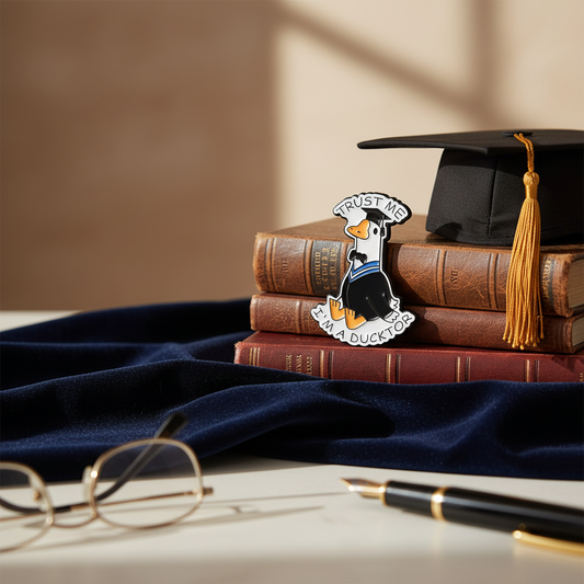 Bílá kachna odznak doktoranda "Věřte mi, jsem doktor"