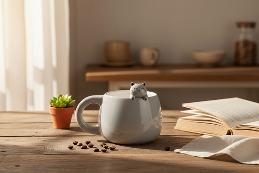 Tasse mit grauer Katzenfigur