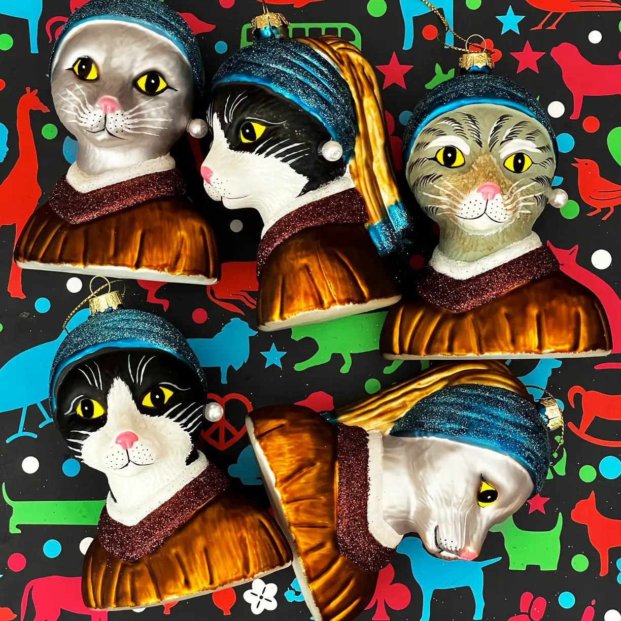 Christmas Ball Girl with a Pearl Earring Tuxedo Cat