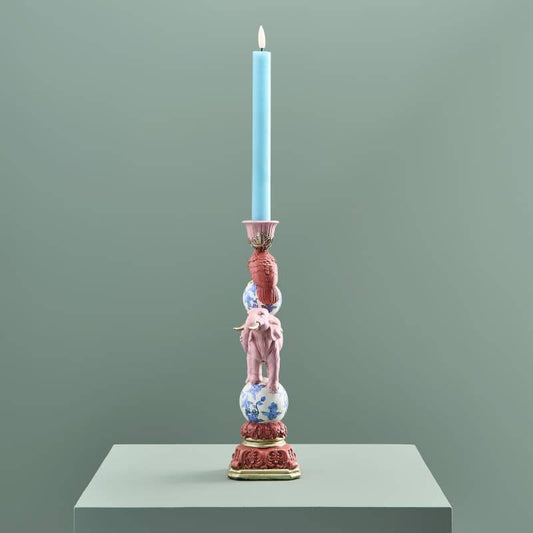 Bougeoir Oiseau sur Éléphant, Résine Rose, 13 x 9x30,5