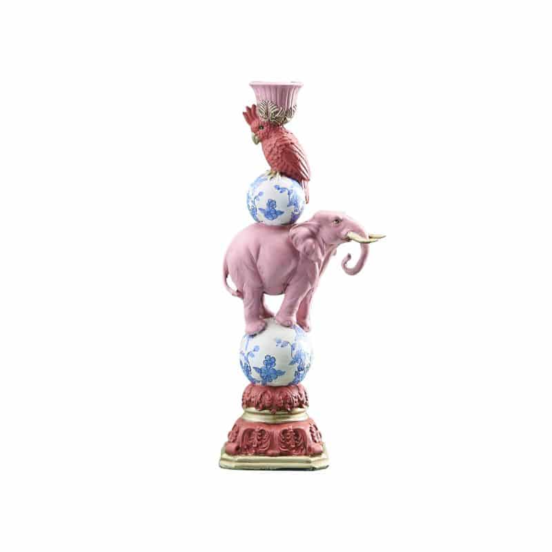 Bougeoir Oiseau sur Éléphant, Résine Rose, 13 x 9x30,5