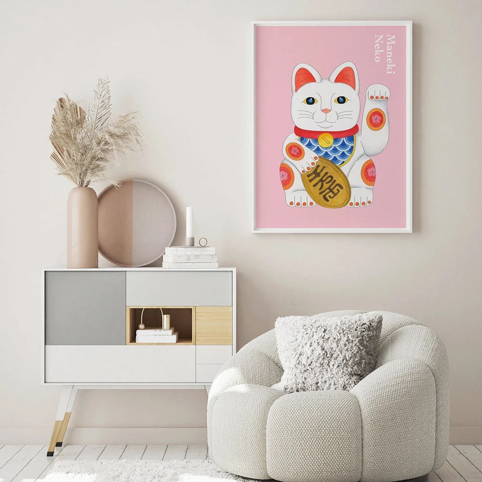 artprint chat chanceux blanc
