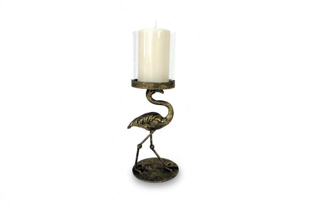 Bougeoir en Forme de Flamant Rose Antique avec Couvercle en Verre