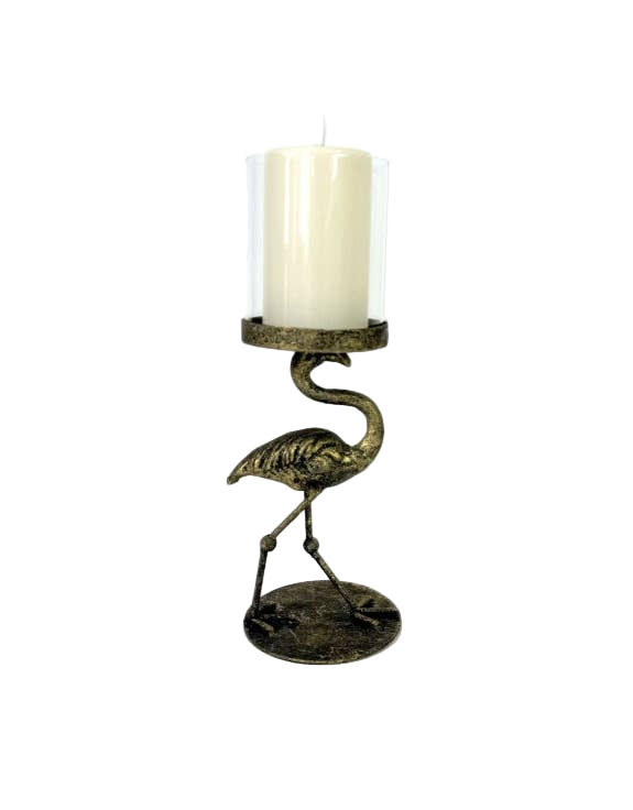 Bougeoir en Forme de Flamant Rose Antique avec Couvercle en Verre