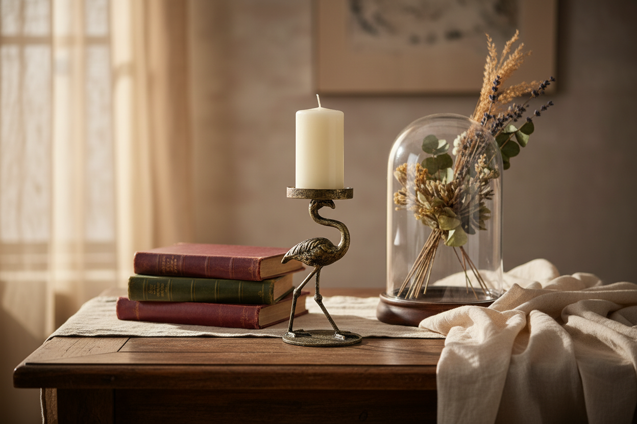 Antique flamingo-shaped candle holder with glass lid