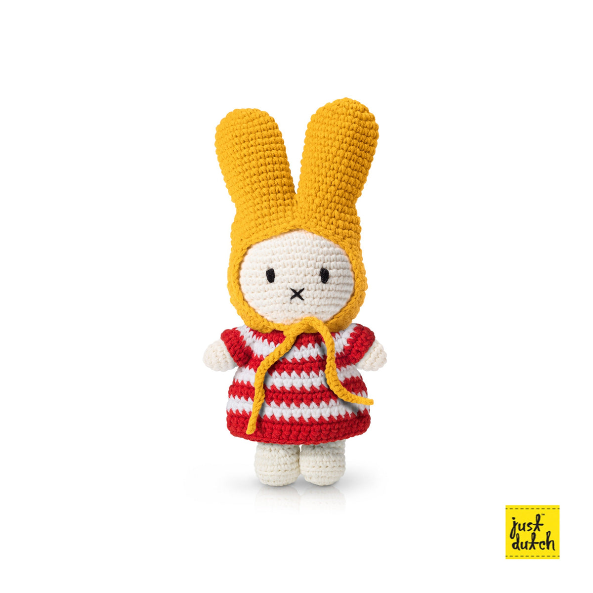 Peluche Miffy robe rayée rouge et bonnet jaune Just Dutch