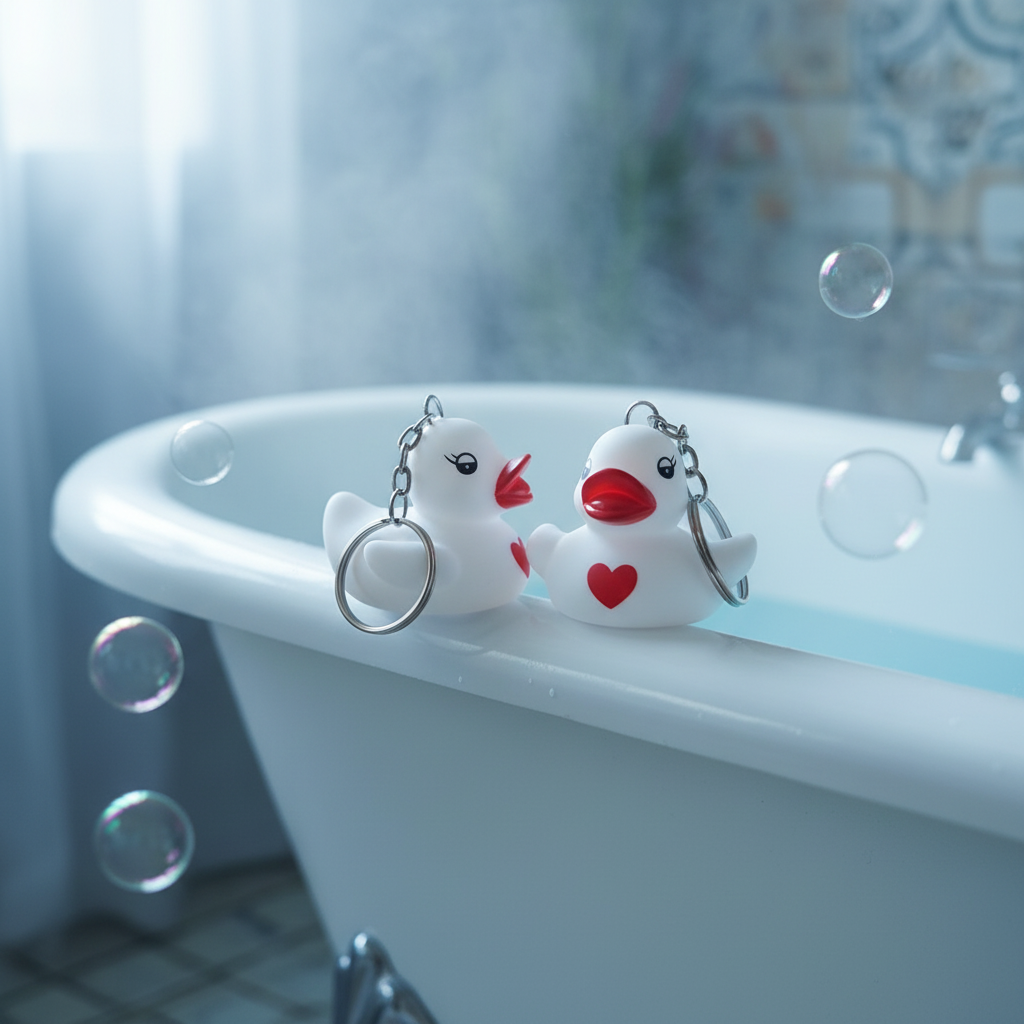 Portachiavi a forma di cuore rosso con anatra bianca