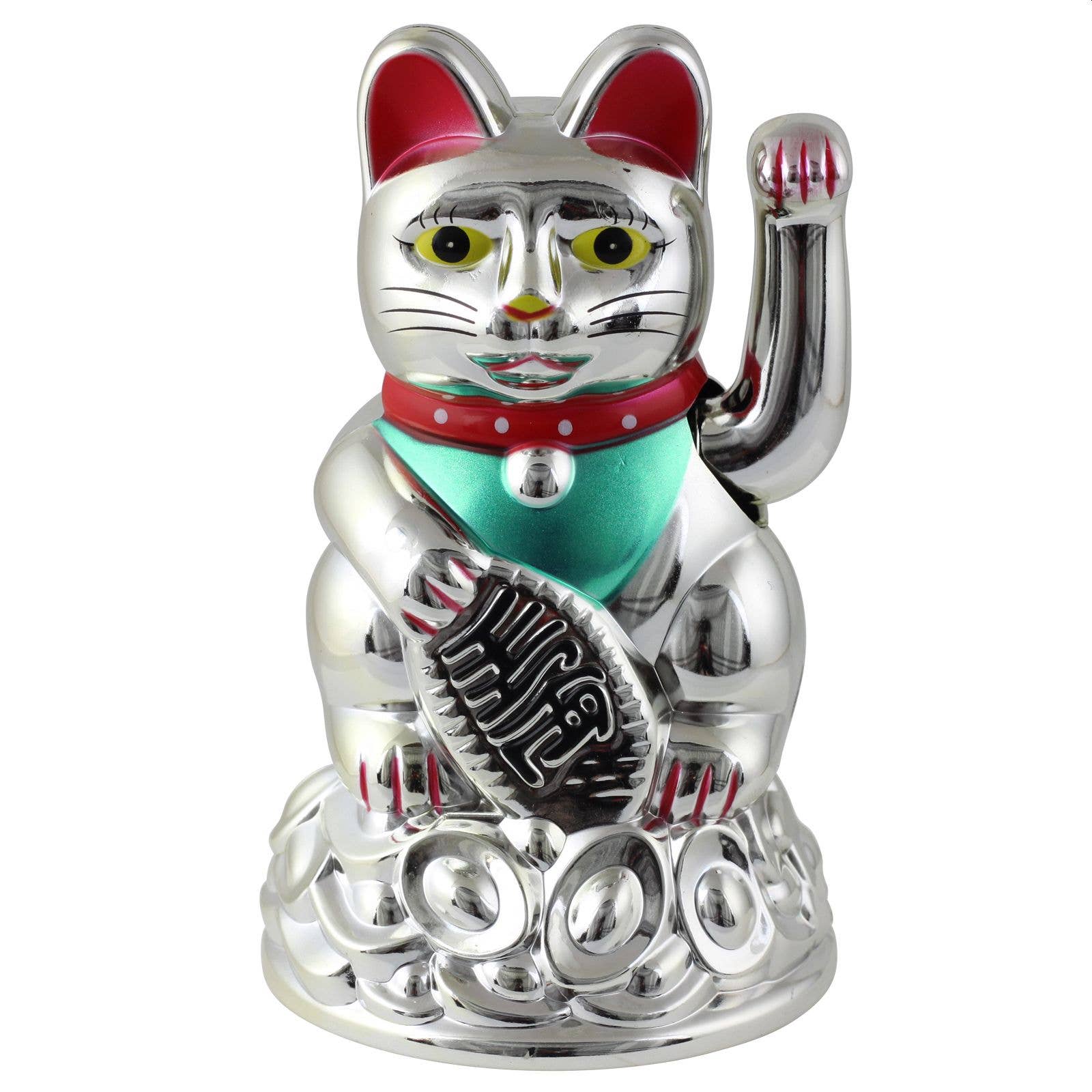 Chat chanceux solaire argenté 11cm