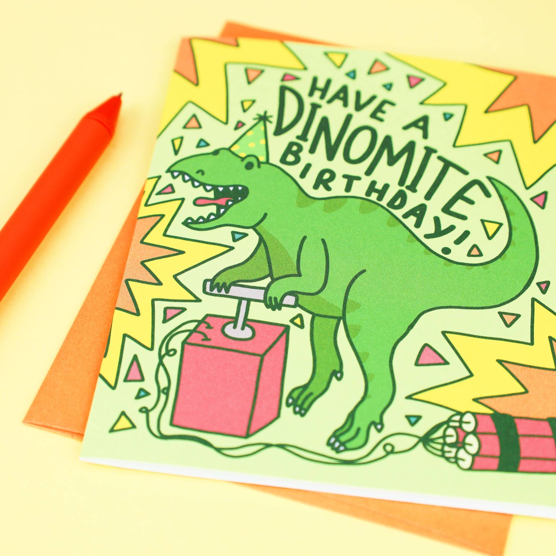 T-Rex Dinosaurier-Geburtstagskarte „Have a Dinomite Birthday“