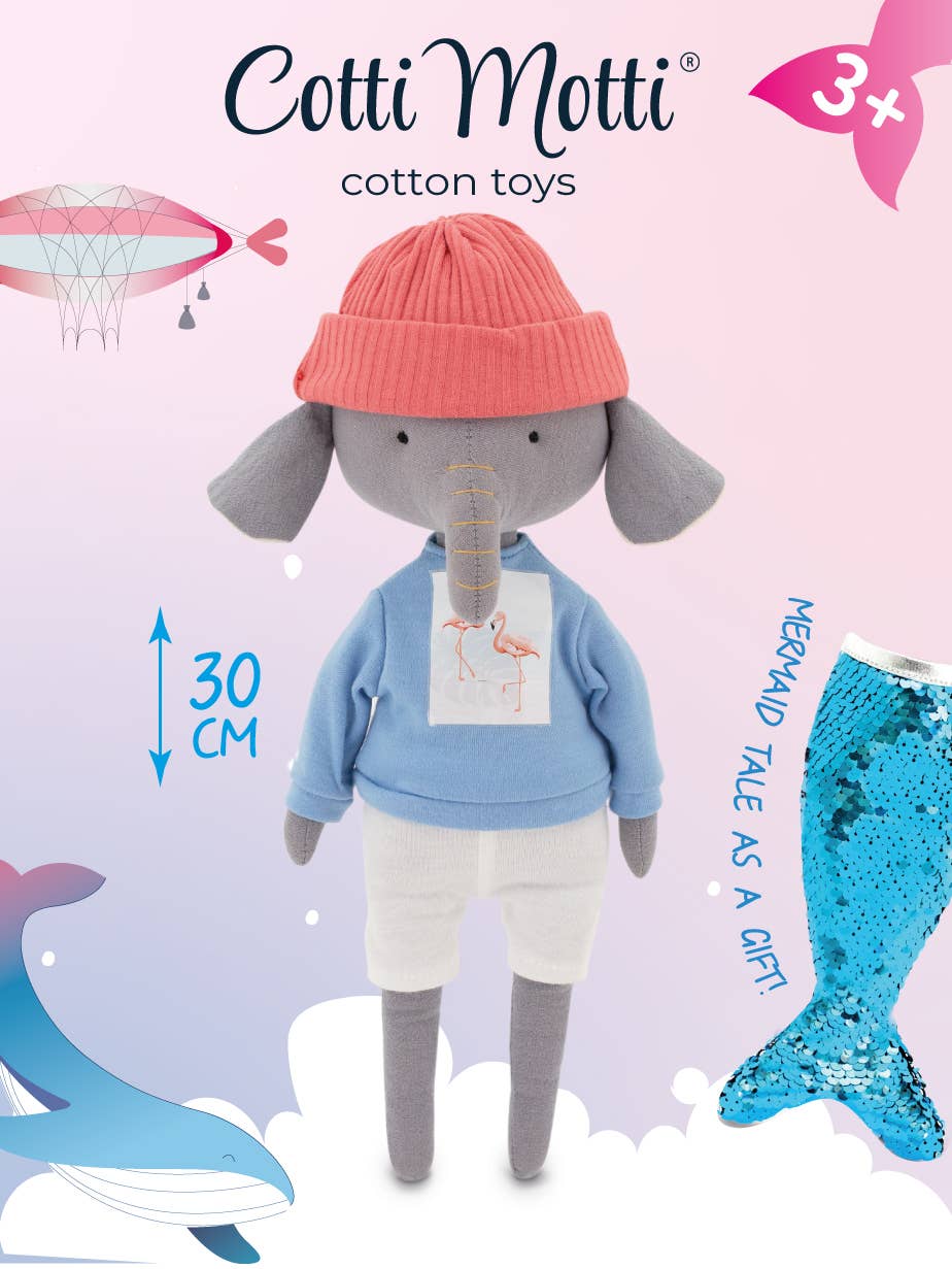 Peluche Alice l’éléphant avec tenue t-shirt bleu et queue de sirène - 29 cm
