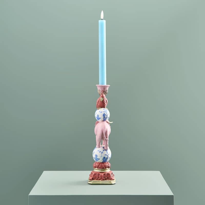 Bougeoir Oiseau sur Éléphant, Résine Rose, 13 x 9x30,5