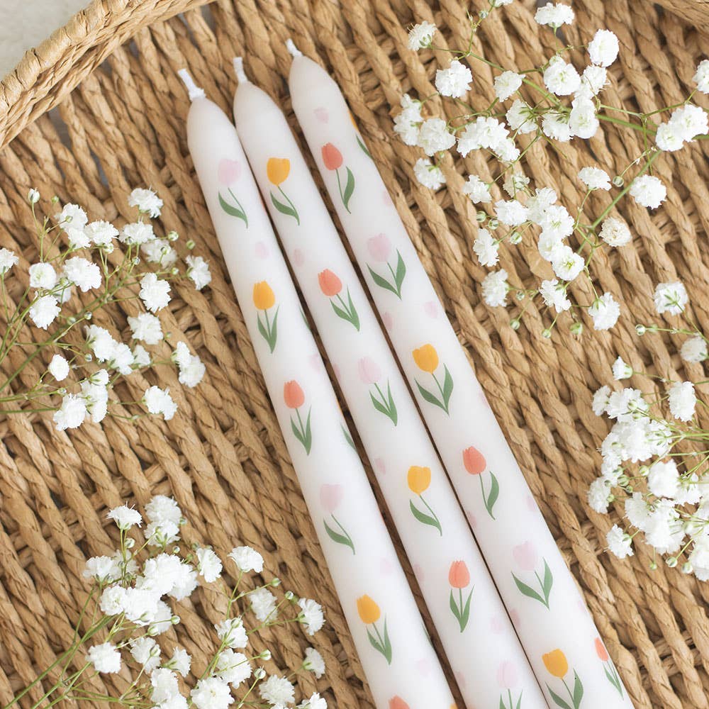 Ensemble de 3 bougies effilées à motif de tulipes