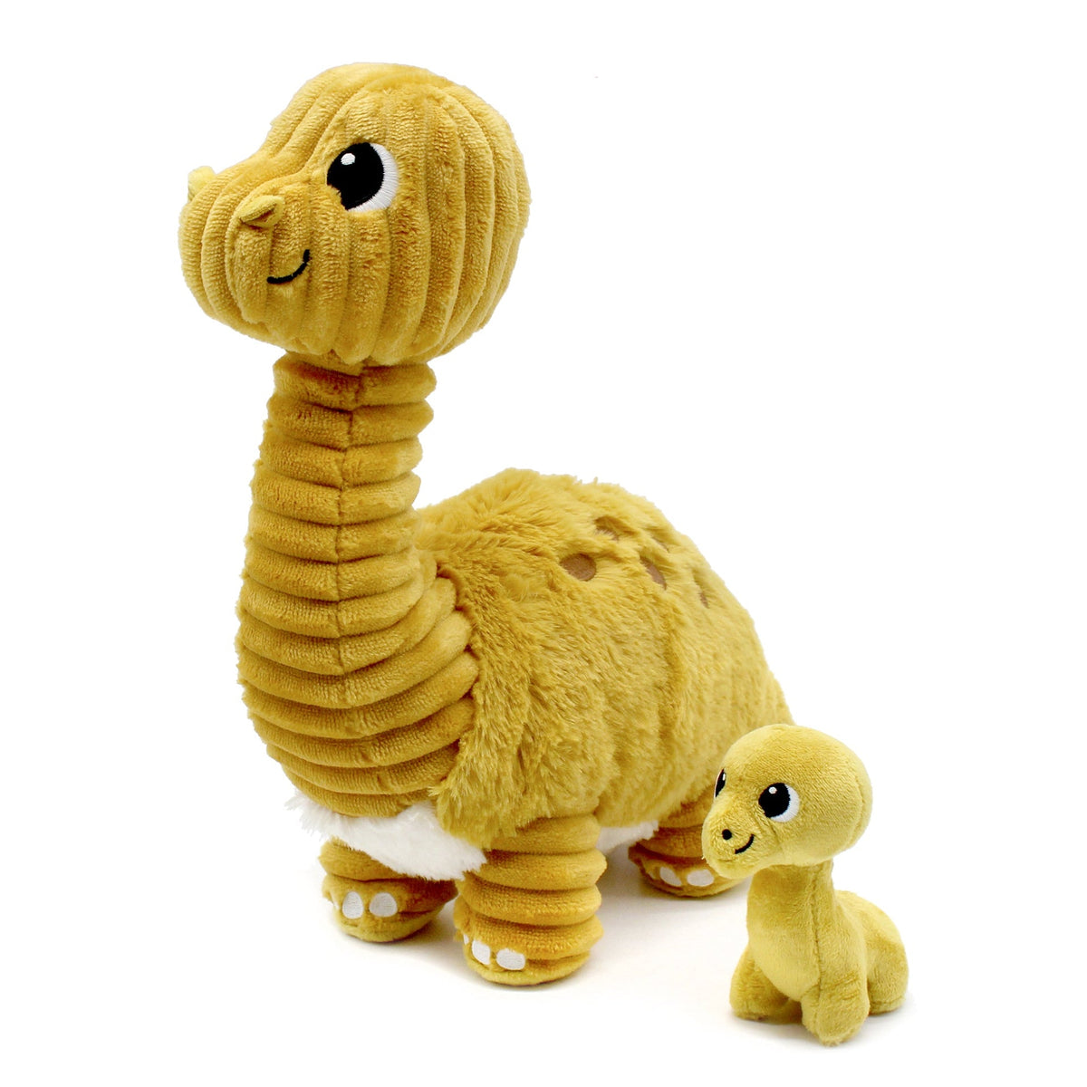Peluche Marcus le diplodocus maman et son bébé jaune moutarde - vue de profil de la maman et du bébé dino - Les Ptipotos