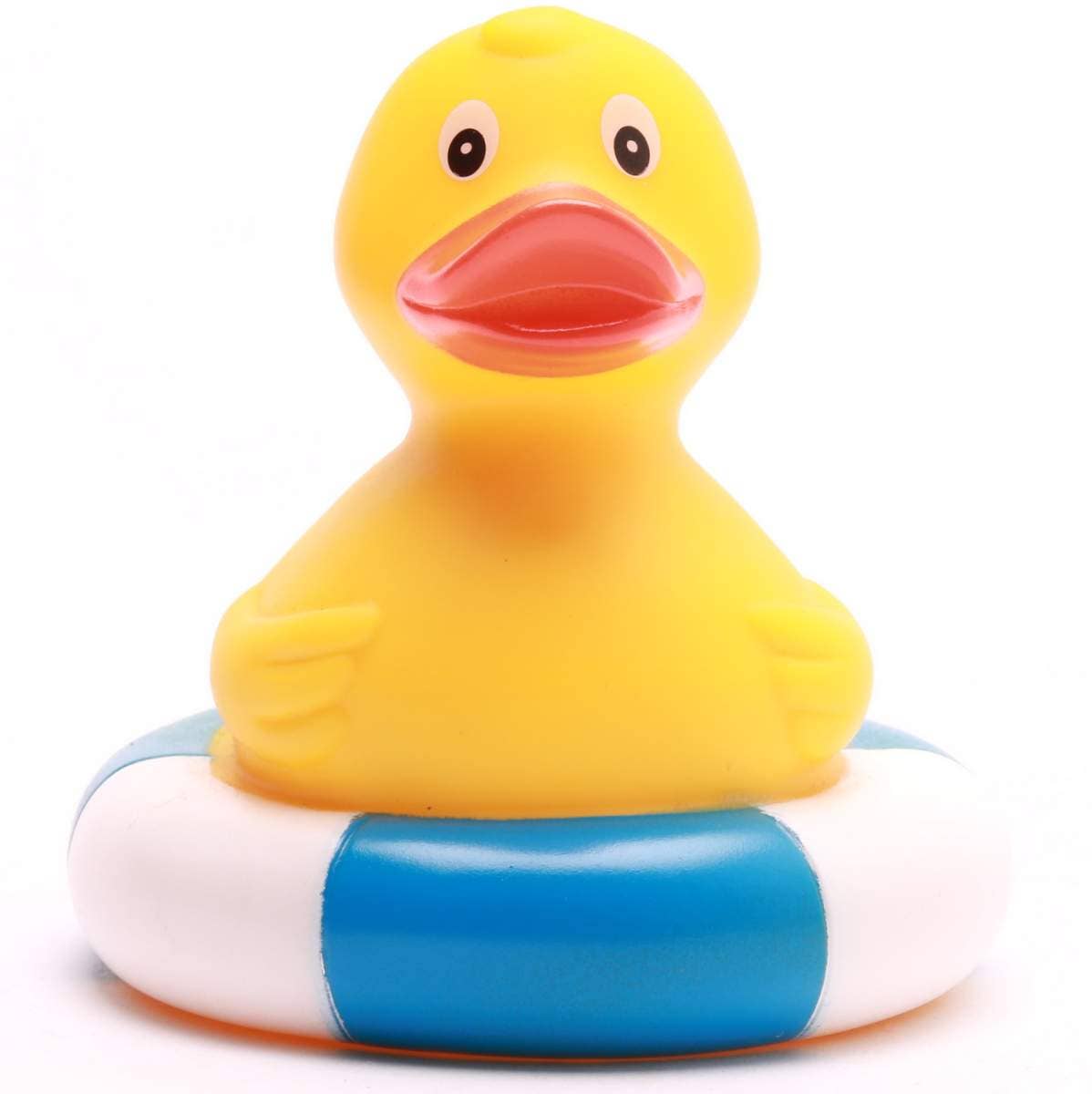 canard de bain dans une bouee bleu