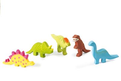 Tikiri: DINO BÉBÉ / ASSORTIMENT 10-14cm, en caoutchouc naturel, 5 modèles ass. (3x T-rex, 3x Triceratops, 2x Stégosaure, 2x Brachiosaure and 2x Parasaurolophus), en présentoir, 1+