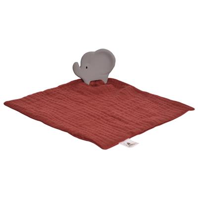 Tikiri Safari: DOUDOU rouge - ÉLÉPHANT avec tête en caoutchouc naturel (anneau de dentition) 25x23cm, sur carte, 0+