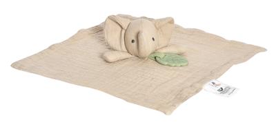 Tikiri Safari: DOUDOU BIOLOGIQUE gris - ÉLÉPHANT avec anneau de dentation en caoutchouc naturel 30x30cm, sur carte, 0+