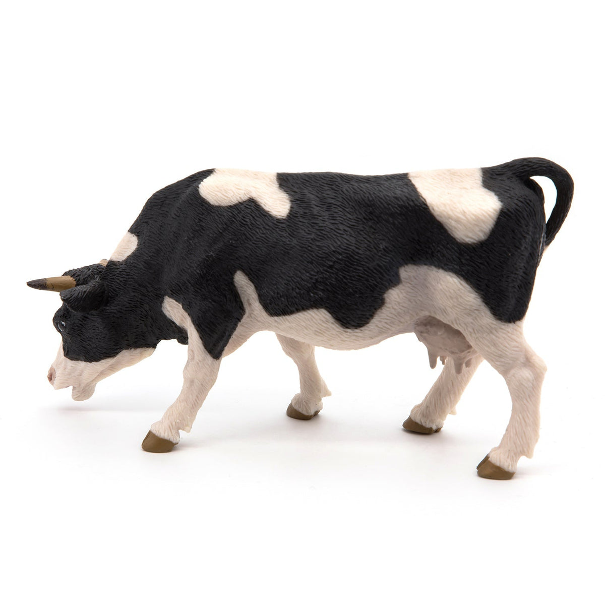 Figurine Vache noire et blanche broutant Papo - animal de la ferme