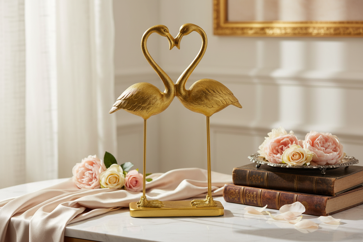 Paire de flamants roses "Cœur d'amour" en or antique
