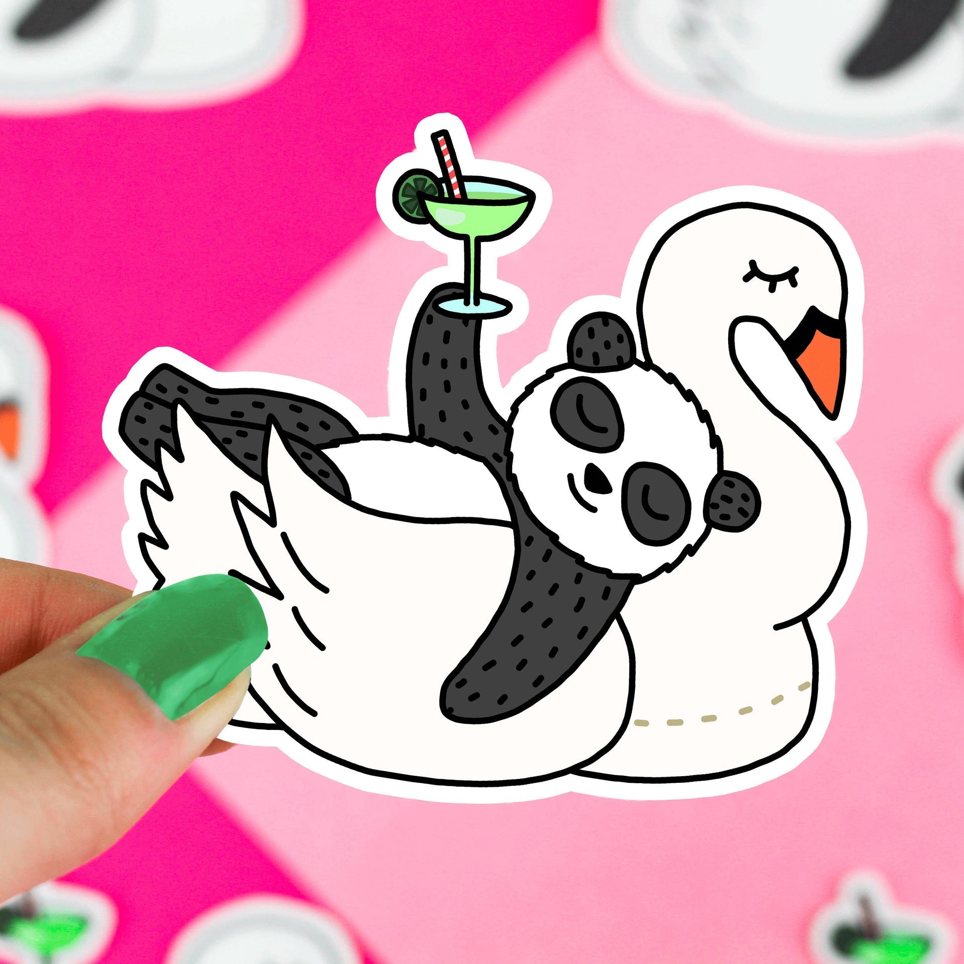 Poolparty-Panda-Aufkleber auf Schwanen-Float