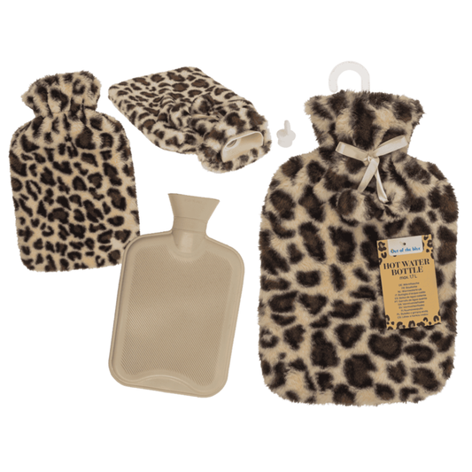 Hot water bottle with leopard-print plush cover