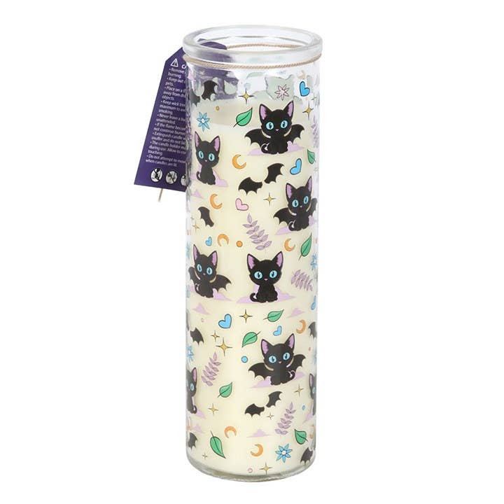Bougie tube lavande avec imprimé de chat chauve-souris mignon et effrayant