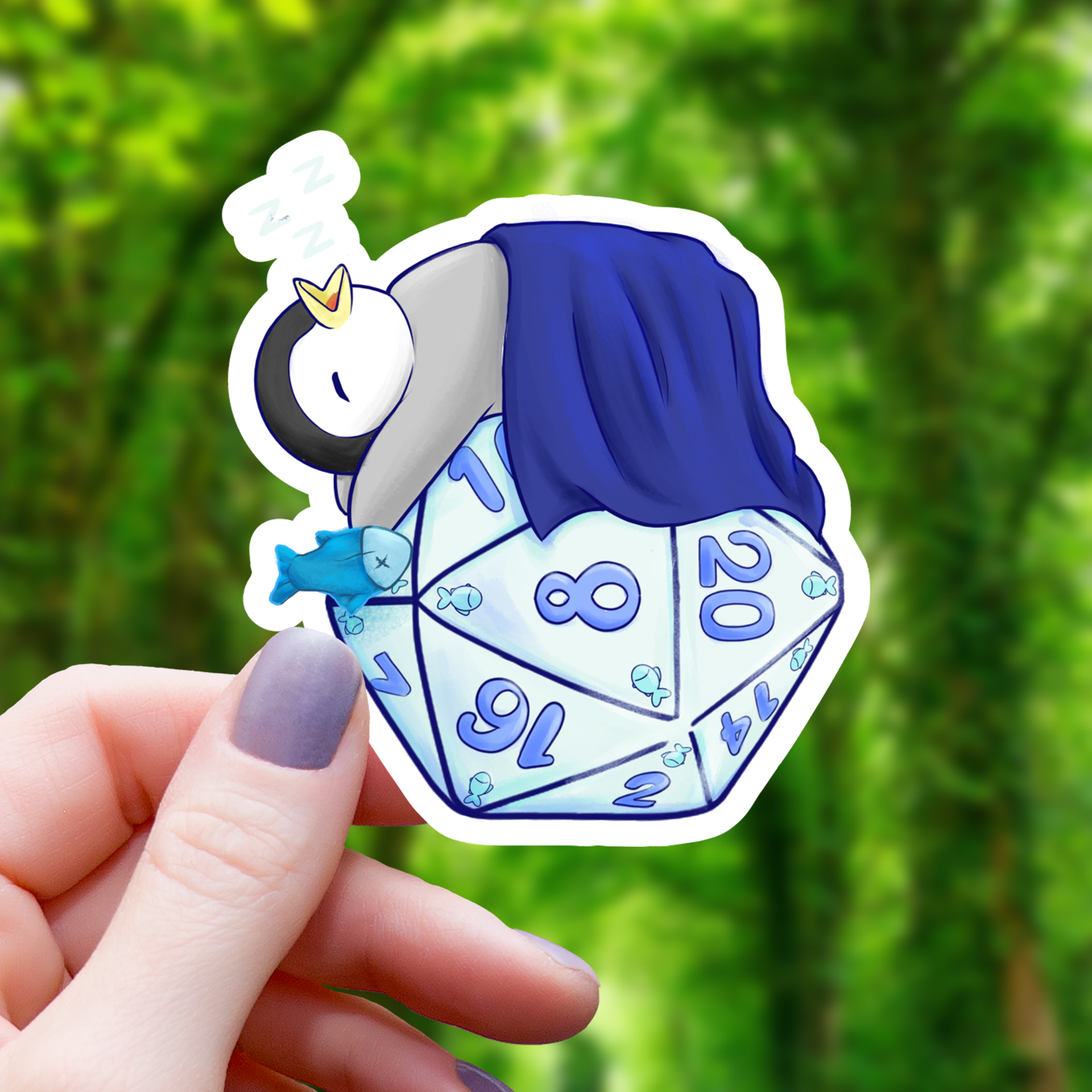 Schlafender Pinguin auf einem D20 Sticker