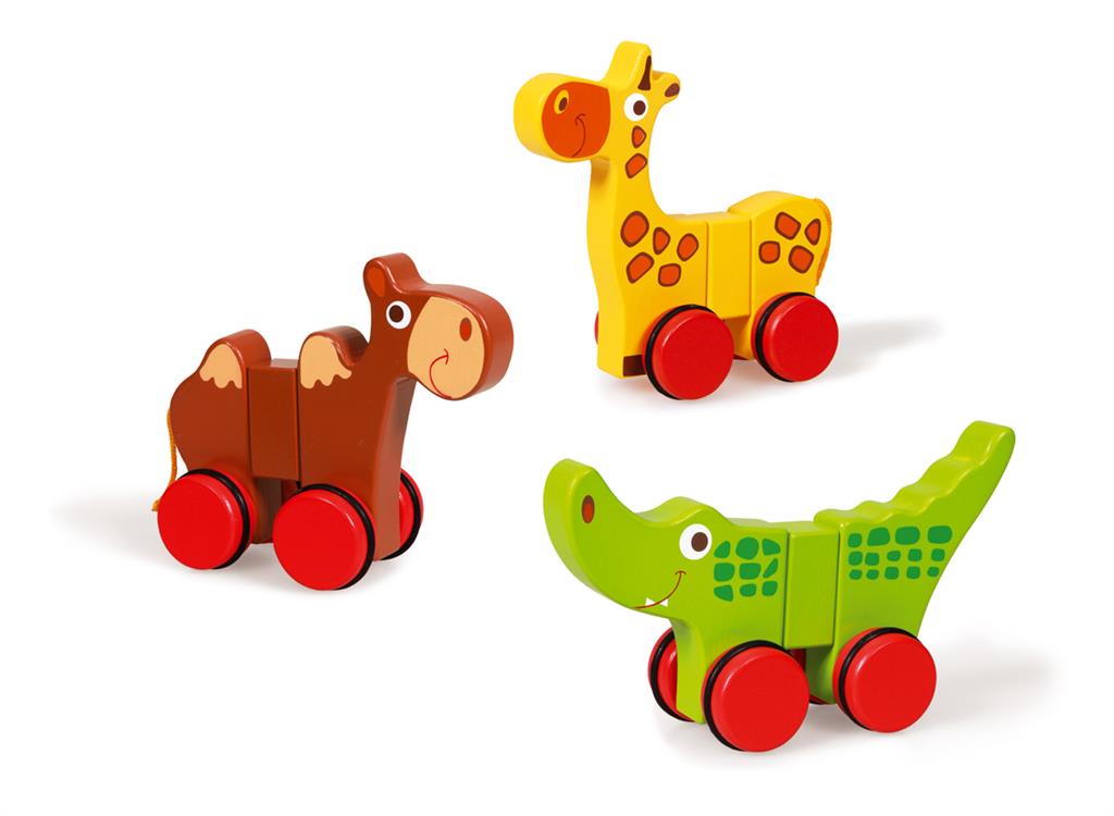 3 magnetic toy animals on wheels: a horse, giraffe, and crocodile, perfect for kids' motor skill development.