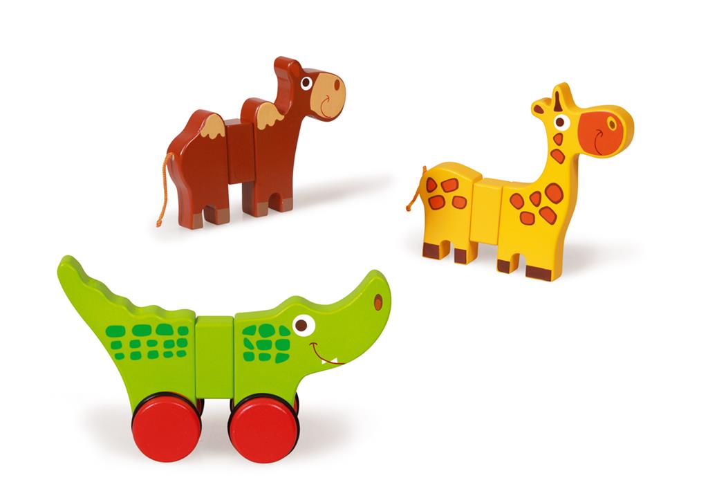 Magnetic toy animals set: cheerful crocodile with wheels, colorful giraffe, and playful brown horse.