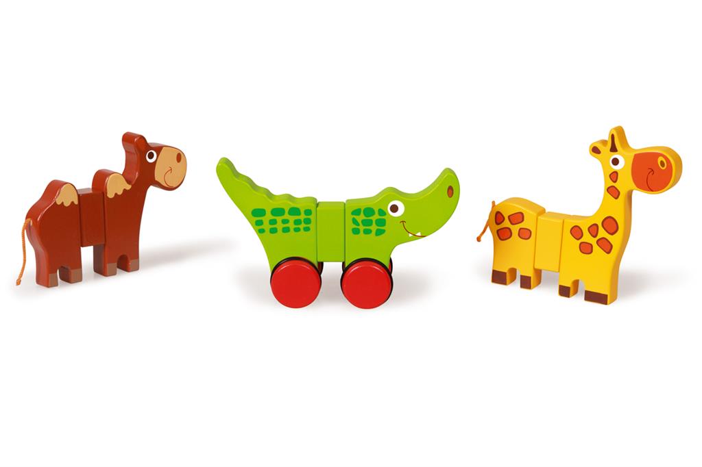 Colorful magnetic animal toys featuring a horse, crocodile, and giraffe for imaginative play.