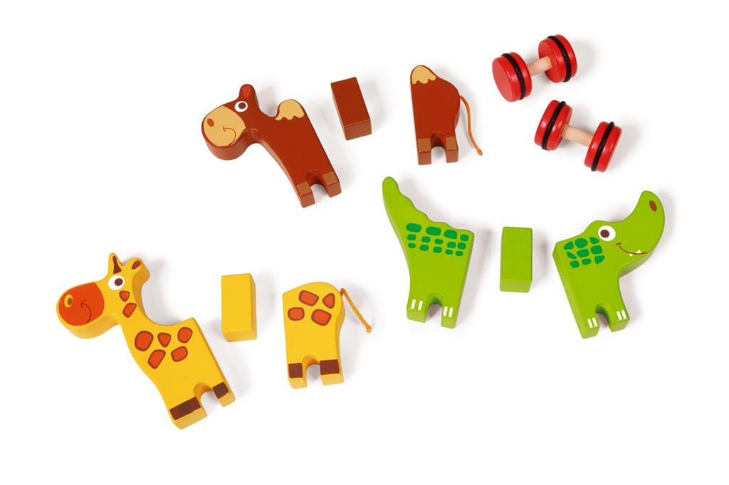 Jouets magnétiques d'animaux colorés incluant une girafe, un crocodile et une vache sur fond blanc.