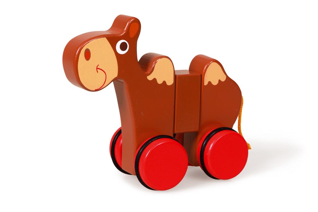 Jouet animal magnétique en bois avec roues rouges, parfait pour stimuler la motricité des enfants dès 18 mois.