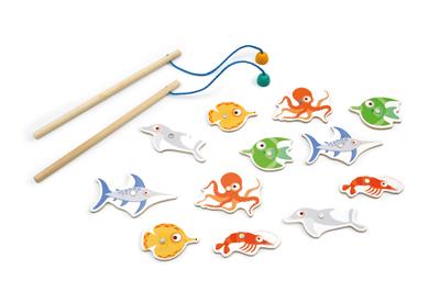 Scratch Jeu: JEU DE PÊCHE Rétro, 12 poissons (7.5x5x0.5cm) avec points et 2 cannes à pêche, magnétique, en boîte forme poisson, 18m+