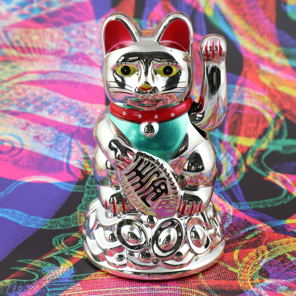 Chat chanceux solaire argenté 11cm