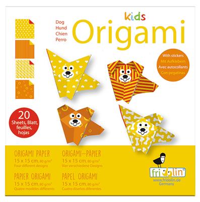 Kids Origami: CHIEN 15x15cm, avec auto-collants, 20 feuilles avec 4 dessins et des autocollants, 6+