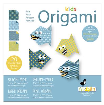 Kids Origami: POISSON 15x15cm, avec auto-collants, 20 feuilles avec 4 dessins et des autocollants, 6+