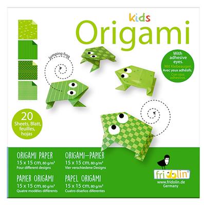 Kids Origami: GRENOUILLE 15x15cm, avec auto-collants, 20 feuilles avec 4 dessins et des autocollants, 6+