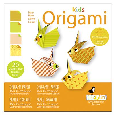 Kids Origami: LAPIN 15x15cm, avec auto-collants, 20 feuilles avec 4 dessins et des autocollants, 6+