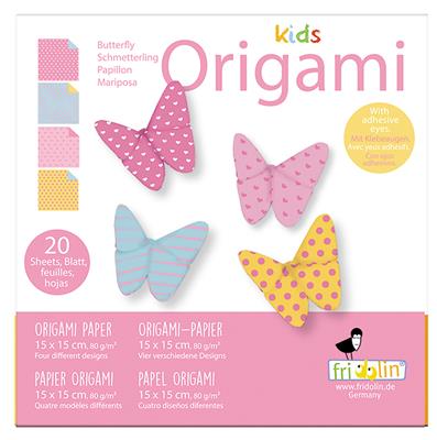 Kids Origami: PAPILLON 15x15cm, avec auto-collants, 20 feuilles avec 4 dessins et des autocollants, 6+