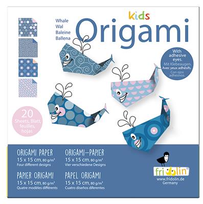 Kids Origami: BALEINE 15x15cm, avec auto-collants, 20 feuilles avec 4 dessins et des autocollants, 6+