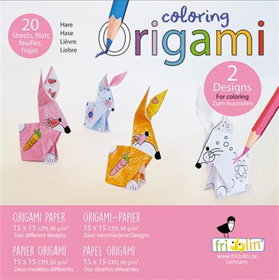 Coloring Origami: LIÈVRE 15x15cm, 20 feuilles avec plusieurs dessins, 6+