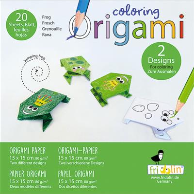 Coloring Origami: GRENOUILLE 15x15cm, 20 feuilles avec plusieurs dessins, 6+