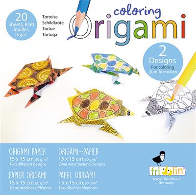 Coloring Origami: TORTOISE 15x15cm, 20 feuilles avec plusieurs dessins, 6+