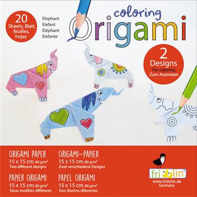 Coloring Origami: ÉLÉPHANT 15x15cm, 20 feuilles avec plusieurs dessins, 6+