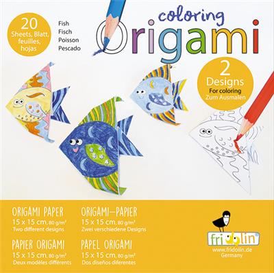 Coloring Origami: POISSON 15x15cm, 20 feuilles avec plusieurs dessins, 6+