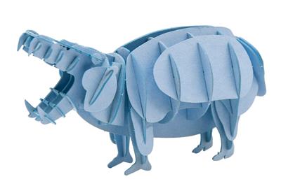 3D paper model of a blue hippopotamus, dimensions: 11x6.5x4cm, perfect for creative projects and decoration.