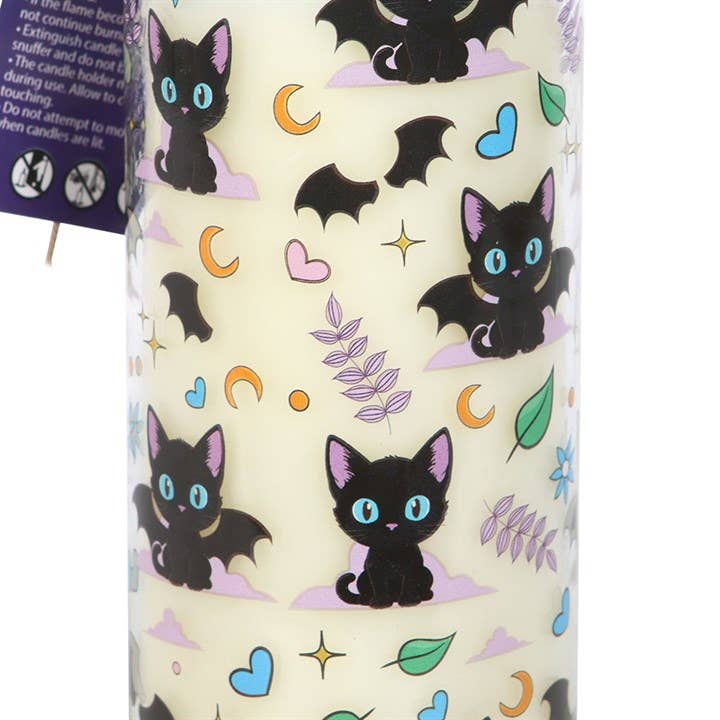 Bougie tube lavande avec imprimé de chat chauve-souris mignon et effrayant