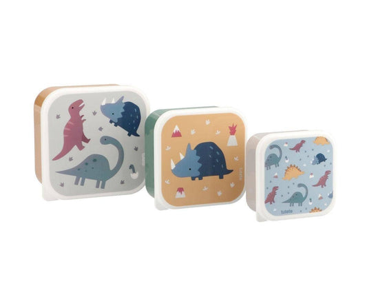 Set of 3 Dino World lunch boxes with colorful dinosaur designs, ideal for school snacks and food storage.