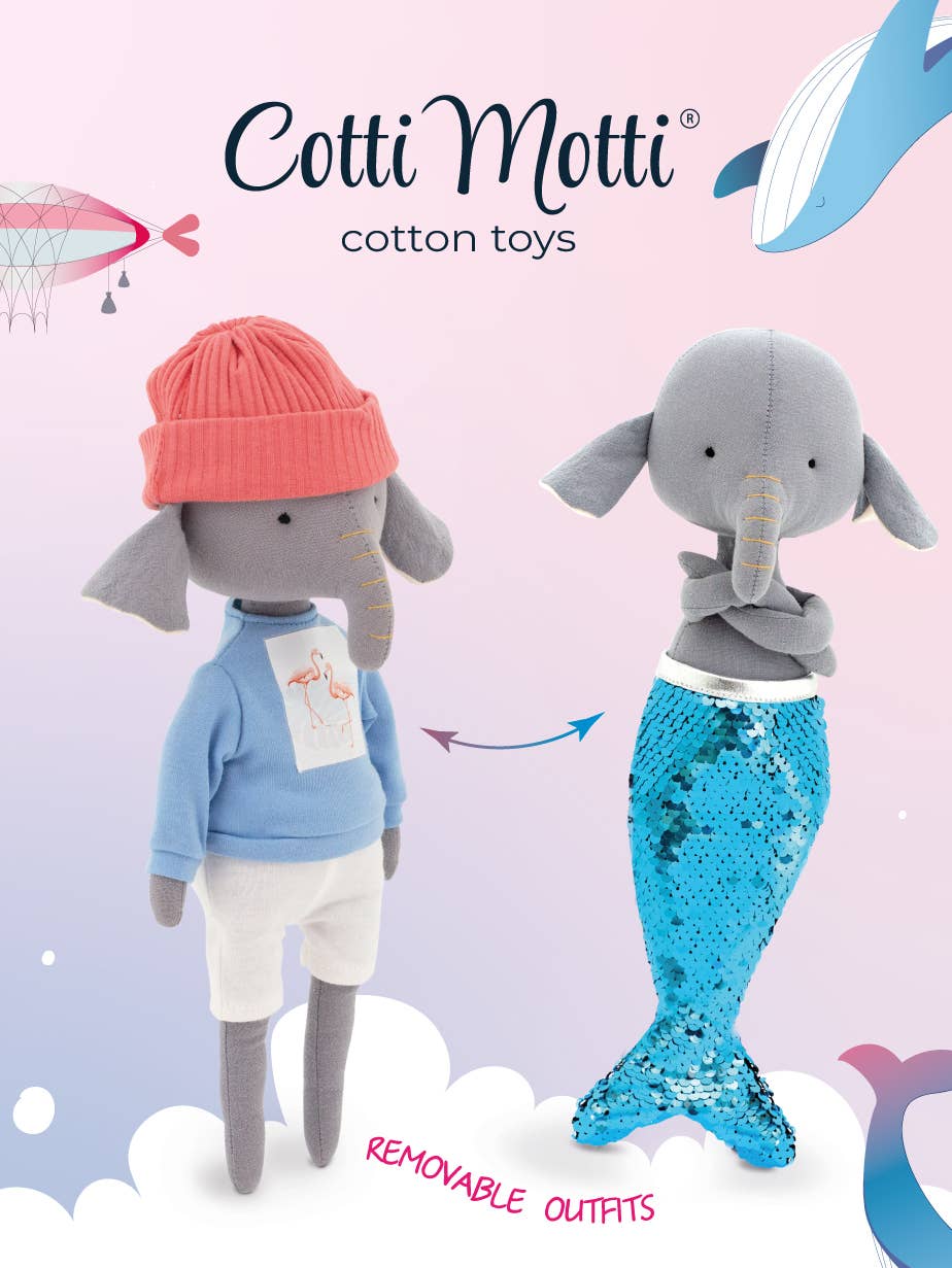Alice the Elephant Plush with Blue T-shirt Outfit and Mermaid Tail - 29 cm
